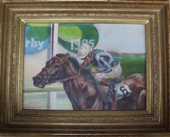 Claire Eva Burton (1955-) oil on canvas, Racehorse and jockey, The Derby 1985, signed and dated 1986, 24 x 34cm